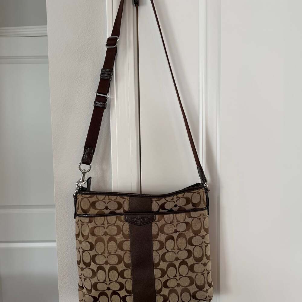 Coach Brown Khaki Signature Stripe Canvas Crossbody Messenger Bag